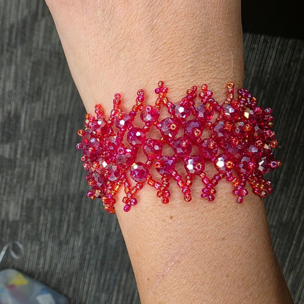 Handmade Magenta Red Beaded Cuff Bracelet Faceted Glass Seed Bead Statement 7.5